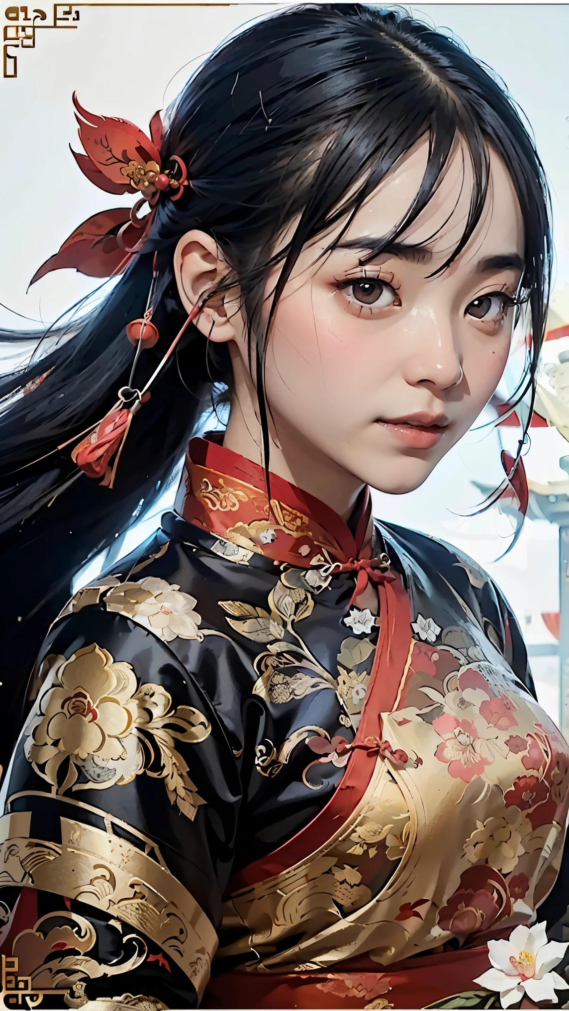 1 girl, woman, handsome, ink, Chinese armor, ((2.5D)), black hair, floating hair, delicate eyes, black and red antique damask Hanfu, fov, (f1.8), (masterpiece), (portrait shot), front shot, white background, (movie poster)