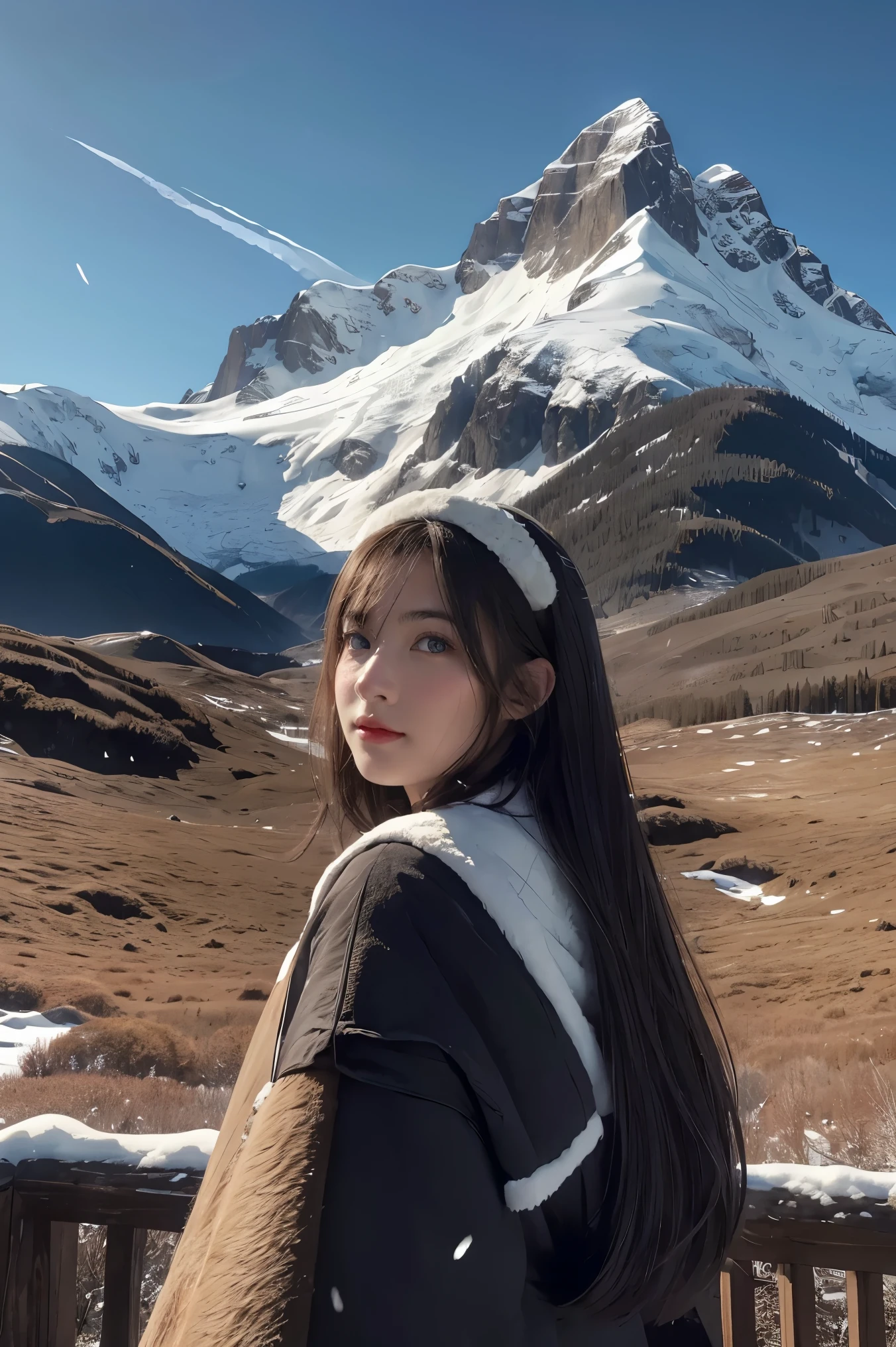 ((master piece)),best quality, illustration, dark, 1girl, In the wilderness,High mountain,Snow-capped mountains in the distance, castle, beautiful detailed eyes,  beautiful detailed hair,