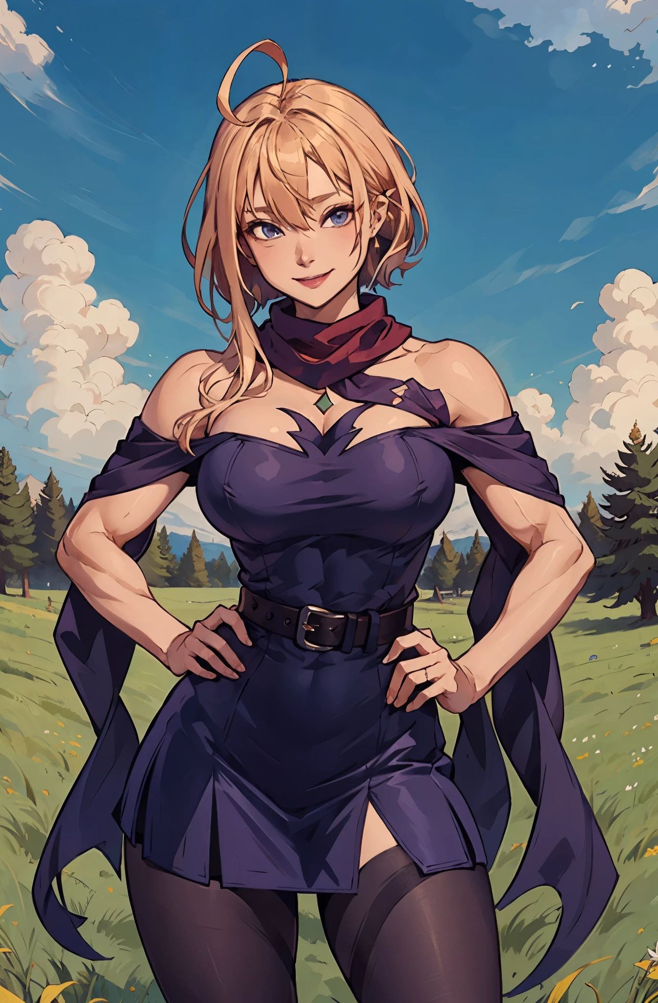 masterpiece,highest quality,Extremely detailed,8k, female, alone, 長いhair, chest, View Viewer, smile, 青いeye, large chest, muscle,  dress, Exposing shoulders, eye, hair, Ahoge, pantyhose, belt, Off the shoulder, scarf, Hands on hips, Clothing cutouts,  dress, Too short miniskirt, wrestling outfit, shawl, off-shoulder dress, Shoulder cutouts, aura, hairを後ろになでつけた, huge Ahoge, hagoromo, Single Hair Intake, in Deep Grassland,