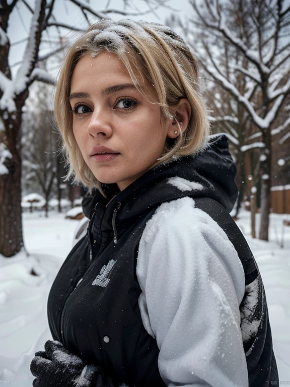 Uma mulher de 25 anos, with messy and short blonde hair, pele branca e olhos azuis como cristais. She is wearing black and cold clothing. In the scenario she is in it is very cold, full of snow and trees covered with snow. The woman is serious and with a solemn expression, while looking back like you&#39;ve already been through a lot. 