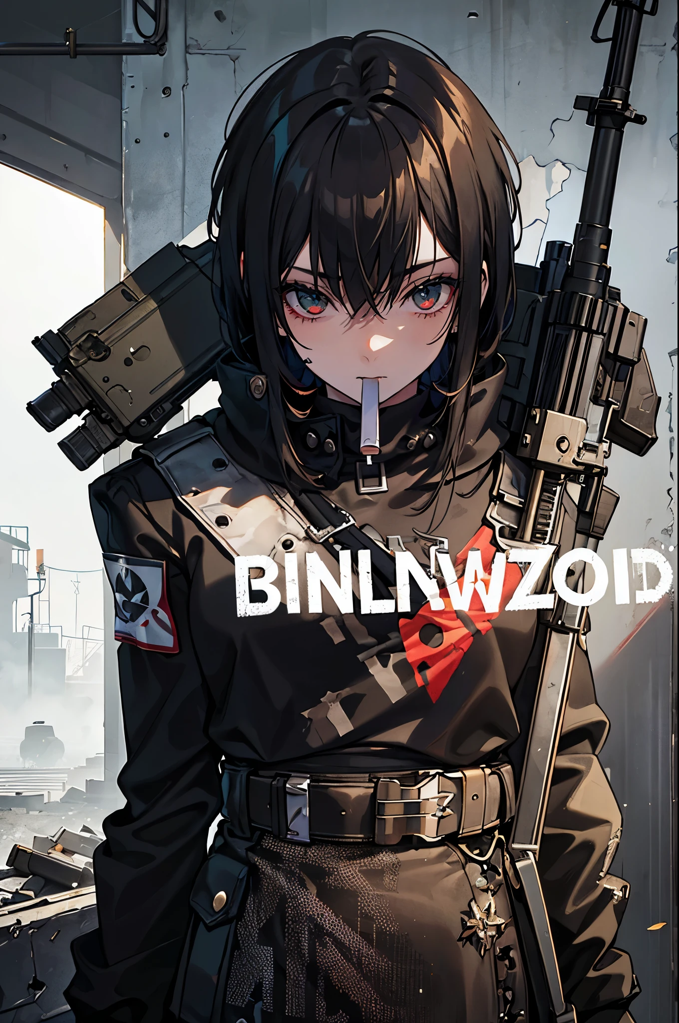 Girl, smoking, weed, joint, blunt in mouth, smoking joint, drugs, abandoned factory, album cover, bold clear text, dark, inside, damp, edgy, guns, bulletproof armor, heavily armed, gritty, marijuana, close-up, poster, high-quality, post-modern, big poster text over character