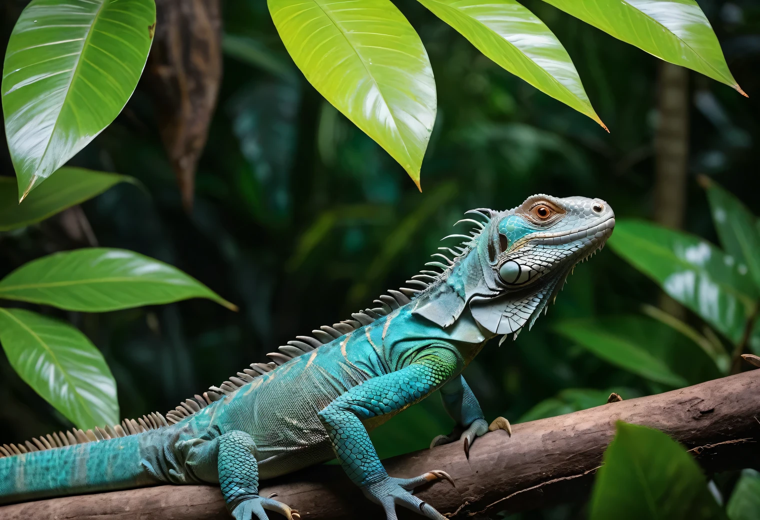 detailed photo of a tropical spike-tailed iguana (Uracentron flaviceps) on a rough vine stalk among dark jungle thickets, a tropical spike-tailed iguana (Uracentron flaviceps) stands out in contrast against the background of surrounding foliage and branches, EOS 5D Mark IV with a Canon RF 24-70mm F2 lens.8L IS USM, 35 mm, 1/80 sec., f/10 and ISO 100