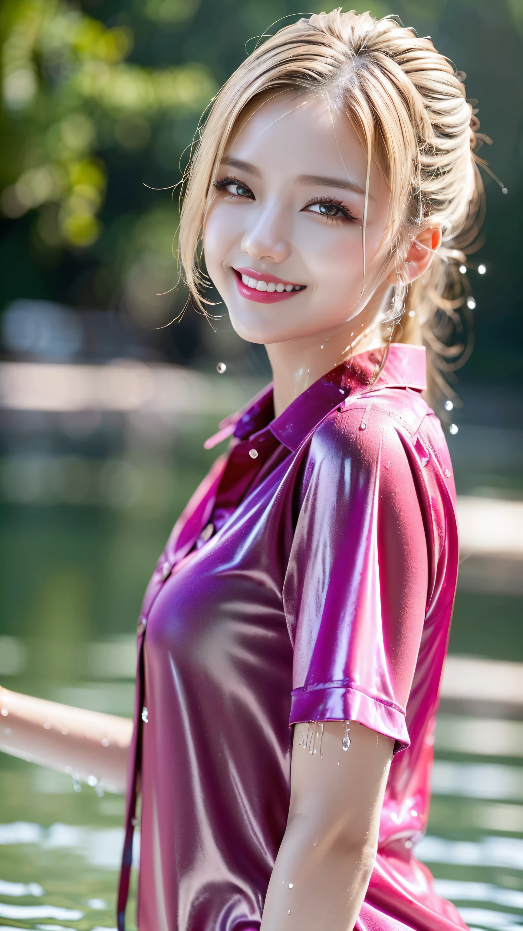 (Tabletop), (high quality), 32K resolution, (Realism), (photorealistic), (Highest resolution), UHD, (masterpiece), (best high quality real texture skin:1.2, A woman with velvety skin:1.2), 1. woman, Supermodel, , Japanese woman, high school girl, Skinny body, Perfect Anatomy:1.37, ((A soaked pink shirt:1.33)), (Soaking wet blonde:1.2), (Soaking wet hair:1.2), (Wet and shiny hair:1.2), ((Skin showing through a wet shirt:1.2)), (Most moist skin:1.2), ((Ultra-high resolution, Realistic water splashes:1.24)), (Perfect and most natural ultra-high resolution water splashes:1.2), (The happiest and funniest smile I've ever seen:1.3), ((very heavy rain:1.28)), ((heavy rain:1.29))、((dewey, Glowing Skin:1.25)), ((Soaking wet woman:1.24)), (((close up of her face:1.4))), (Strongly blurred vibrant Shibuya city background:1.1), (Strongly blurred background:1.1), ((Shut your mouth)), (Bright pale complexion), Symmetrical eyes, ((the most absurd quality perfect eyes:1.3)), (super detail beautiful slim and sharp-face), (light pale complexion), ((Insanely detailed clear and sharp non blurry perfect round realistic brown_eyes:1.4)), Detailed lips:1.3, (long eyeliner), (pink_lipstick:1.25), ((The perfect dark_eyeshadow:1.3)), (Detailed nose:1.2), Perfect composition, (Flat Chest:1.21), (Slim lower body), ((Shiny brown_hair:1.35)), Let your bangs hang long, ((pony tail hair:1.31)), ((Sharp focus)), dramatic cinematographic lighting,