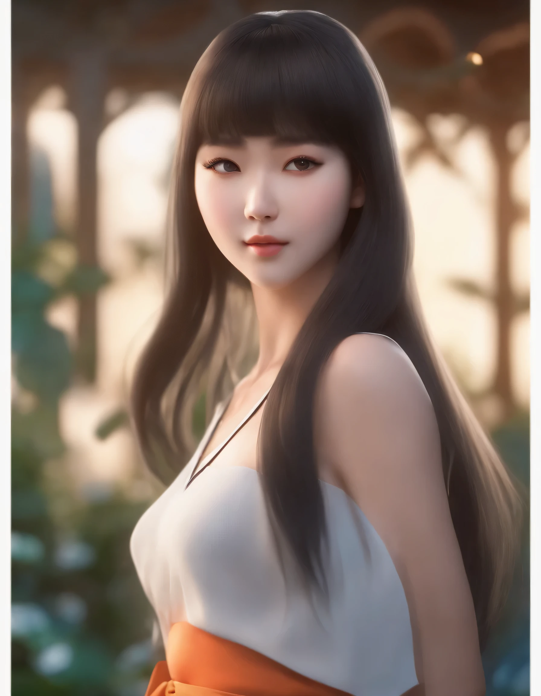 A half body perfectly curvy woman with ultra beauty, long hair and bangs on the forehead, wearing skirt, like hinata in the Naruto movie played, 4d render