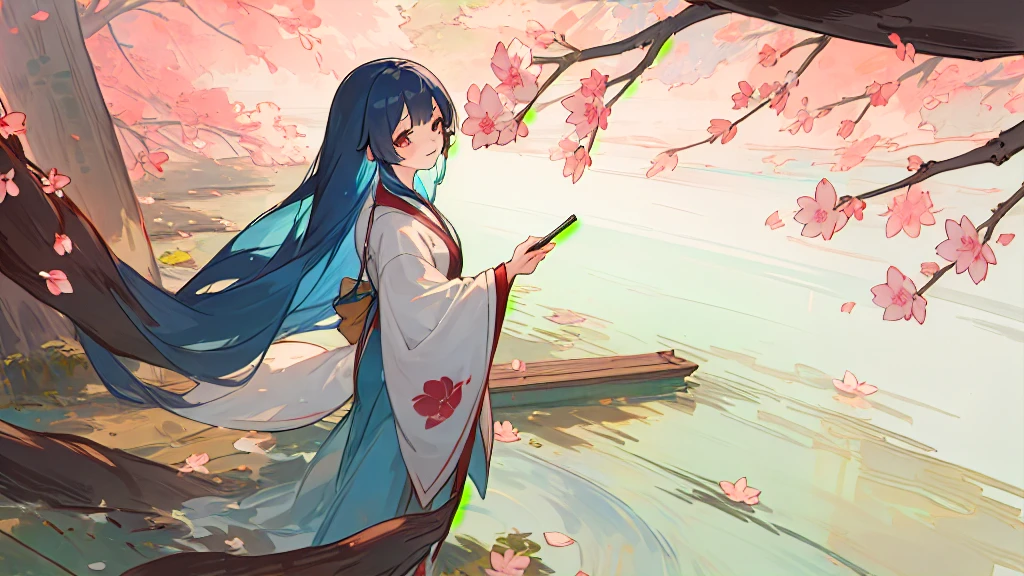 ((4k,masterpiece,best quality)), shuimobysim, traditional chinese ink painting, lotus, hanfu, maxiskit, dress conservatively
1girl, solo, long blue hair, smile, standing, feet in the water, barefoot,
cherry blossoms
