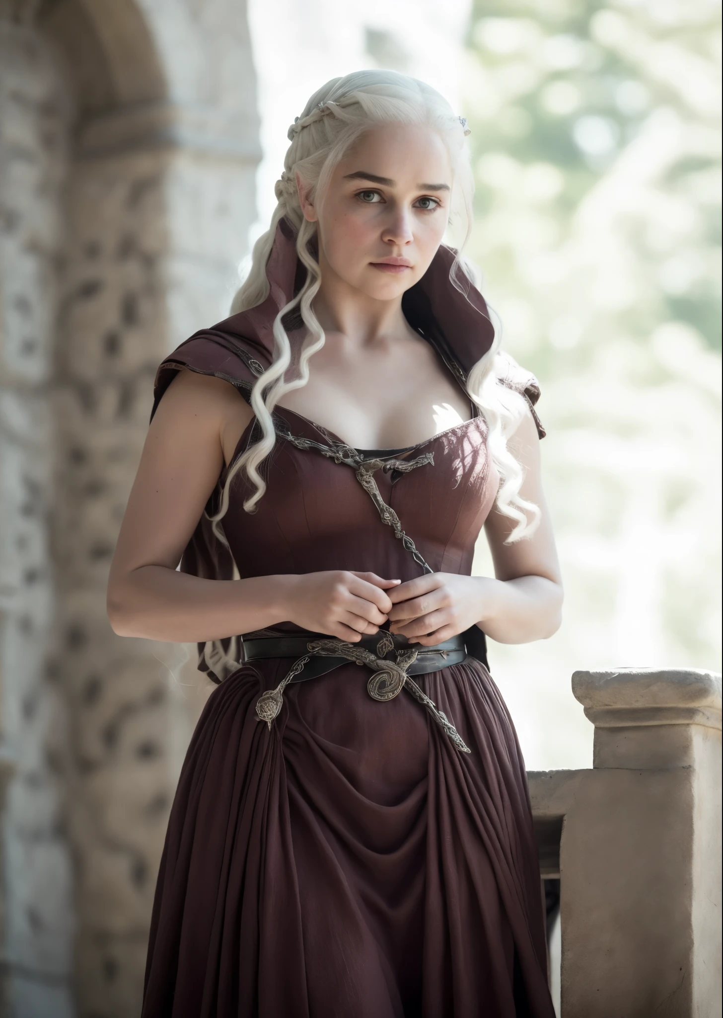 Solo woman, Linen cloth, linen dress, dress inspired by mediaeval period Royal lady, mediaeval maid linen dress, Royal Satin dress, Perfect eyes, flawless Beauty, pierced eyes, Masterpiece, Daenerys Targaryen, Gorgeous woman, queen, Queen Lady, Princess of Dragonstone, beautymarks on breast, The Unburnt, Queen of Meereen, Queen of the Andals, the Rhoynar and the First Men (claimant), Protector of the Seven Kingdoms (claimant), Khaleesi of the Great Grass Sea, Breaker of Shackles, Mother of Dragons, The One Who Was Promised, Lady of Dragonstone , 45 years Old, she is a Full growned lady now, beautiful mature lady, the queen, milf beauty, mature queen, Best quality, a small, charming Beauty, a captivating woman, fully ripen milf body, lustful queen, alluring appearance, unrivaled beauty, wonderful breasts, large breasts, mediaeval erotic costumes, a Game of Thrones-inspired costume, a close-up of a woman from the middle ages, Daenerys Targaryen, Daenerys, resembles Emilia Clarke, Emilia Clarke, scene from "Game of Throne," deep cleavage, warrior princess, healthy body, perfect thick body, attractive figure, fleshy body, style of "Game of Throne," beautiful lady, beautiful woman, mediaeval clothes, stunning woman, 8K, insane details, dress made of clothes and jewelry, perfect hair, styled hair, high clarity eyes, perfect hands, perfect fingers, perfect eyes, single female,