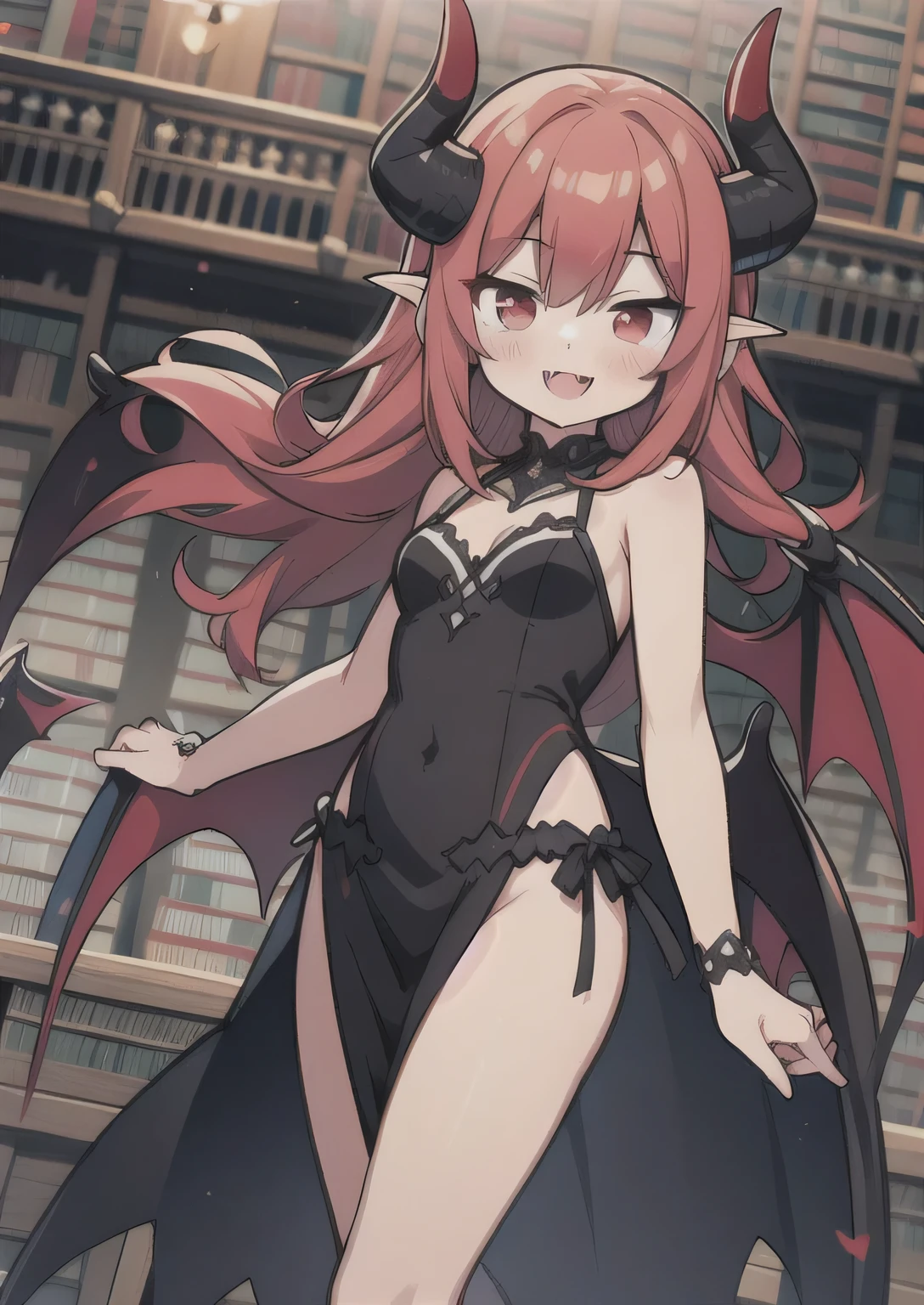 8K, 1girl, petit, , kawaii vampire, red hair, red eyes, bat wings, smile, (blush), (shy), fang, looking at viewer, dynamic angle, wind, game cg, fantastic scenery, demon tail, black horns, sexy, heart tail, library, big