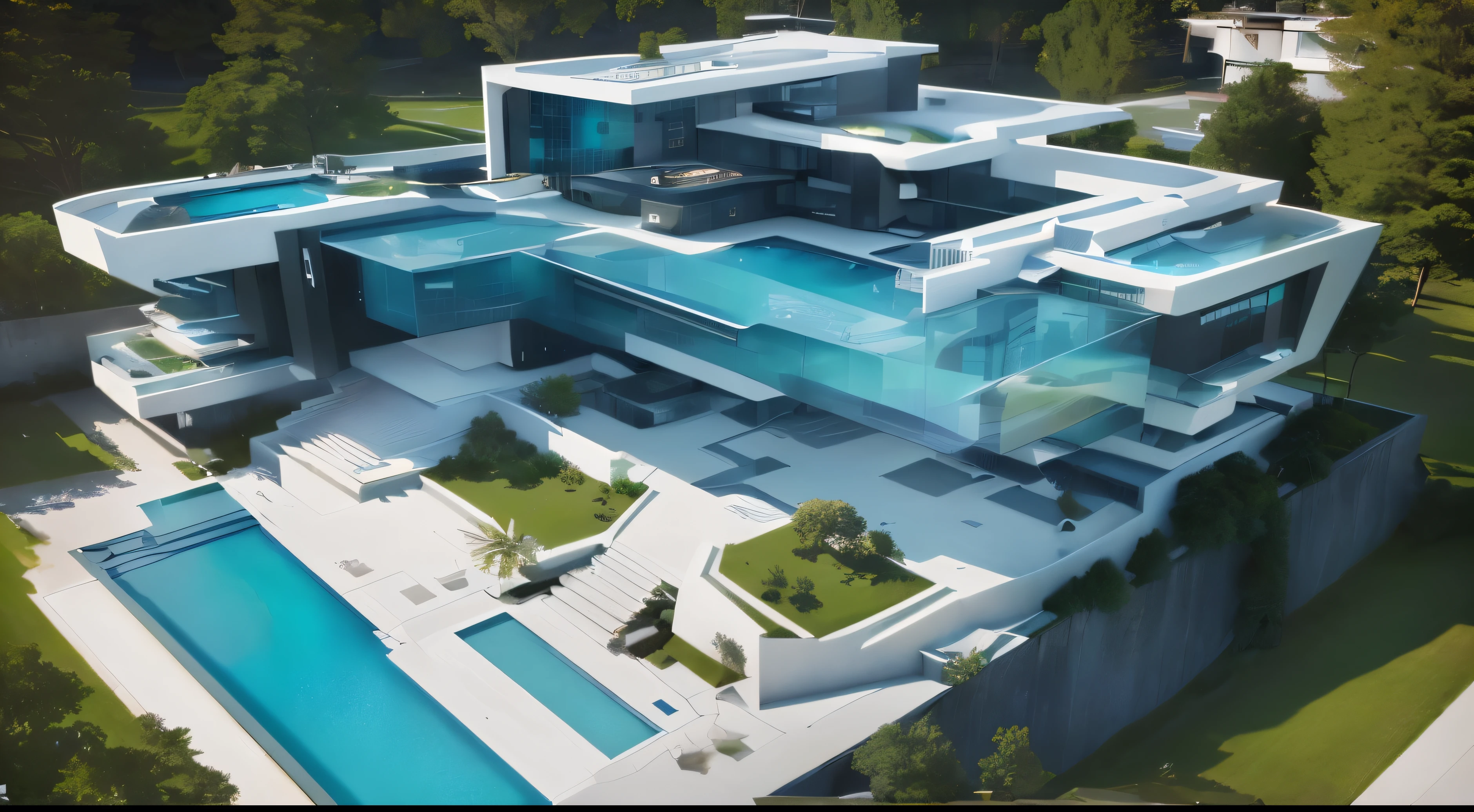 a view of a large modern house with a pool and a staircase, large futuristic residence, futuristic house, ultra modern, sleek utopian design, luxury hd render, ultra - futuristic architecture, large modern residence, luxury architecture, high quality rendering, breathtaking render, underwater home, inter dimensional villa, stunning render, stunning high tech, futuristic palace, concept house, majestic and futuristic