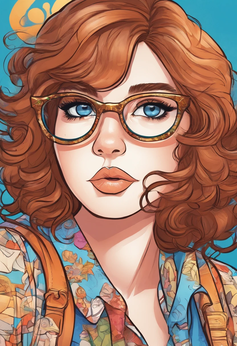 Chubby girl glasses cartoon blue eyes Brown hair book