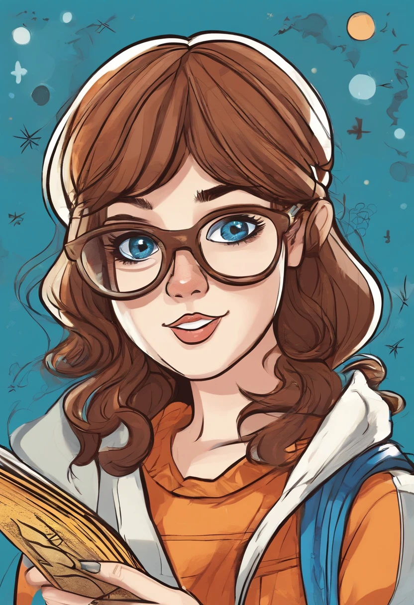 Chubby girl glasses cartoon blue eyes Brown hair book