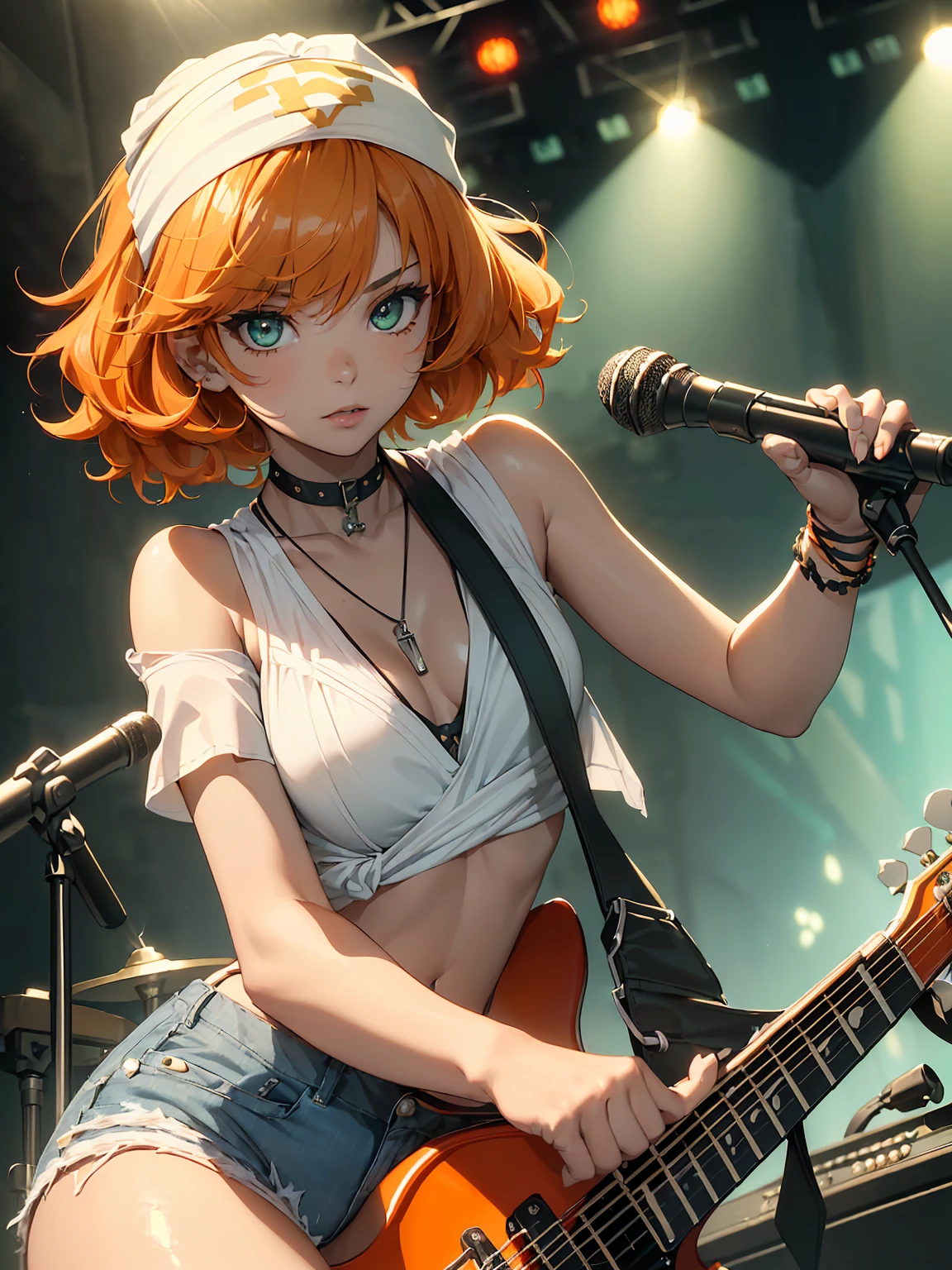 (masterpiece)(8k)((cute))(exquisite facial-features)(18-year old girl)(wild hair:1.3)(short hair:1.3)(orange hair)(flat chest)(small breasts)(white bandana:1.2)(green pupils)(glossy skin)(glossy lips)(shiny eye-shadow)(shiny)(badass)(choker necklace)(bra straps)(ragged t-shirt)(denim shorts)(rock guitar:1.3)(rock band practice)(tattoos)(piercings)