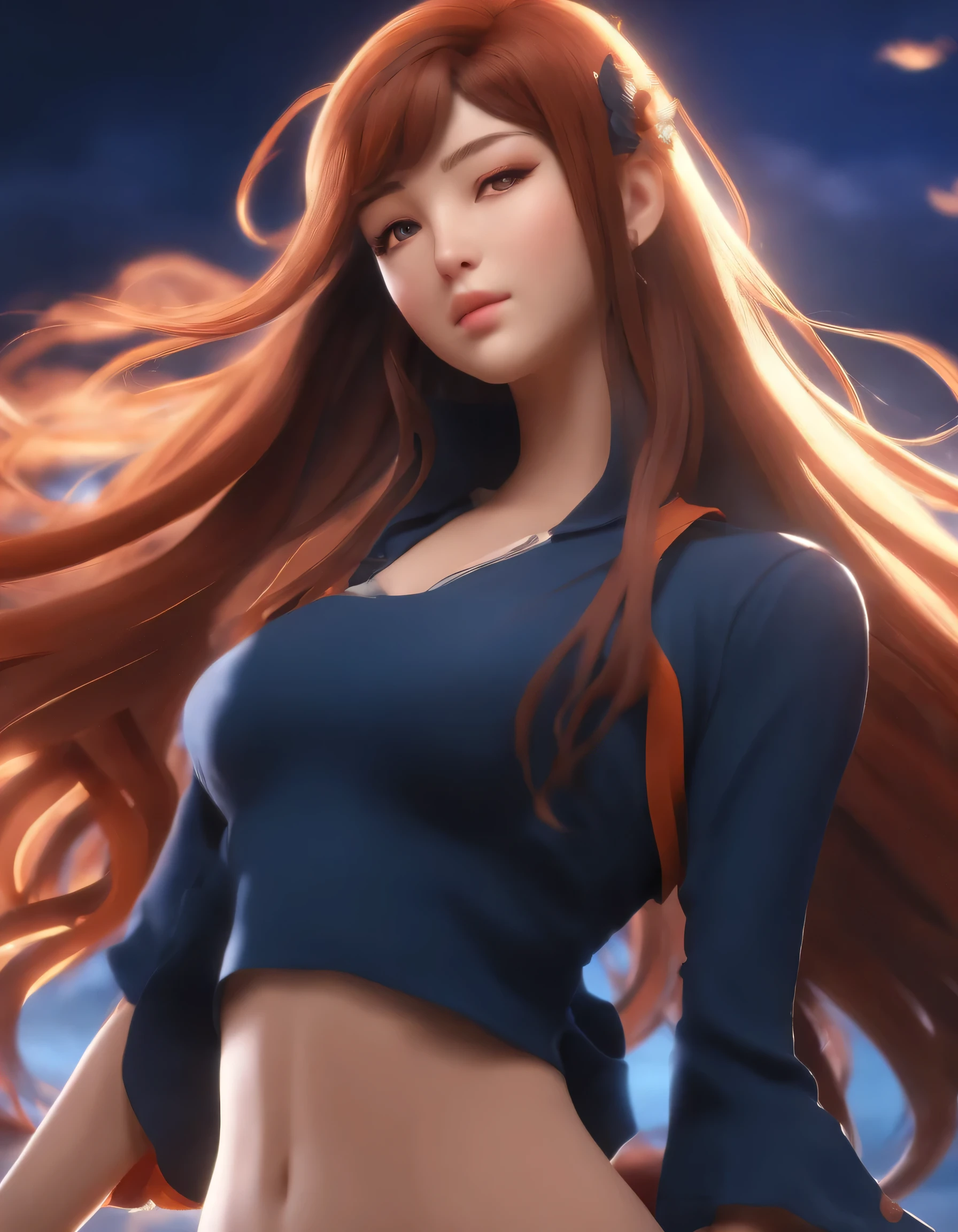 A half body perfectly curvy woman with ultra beauty, long hair and bangs on the forehead, wearing skirt, like hinata in the Naruto movie played, 4d render