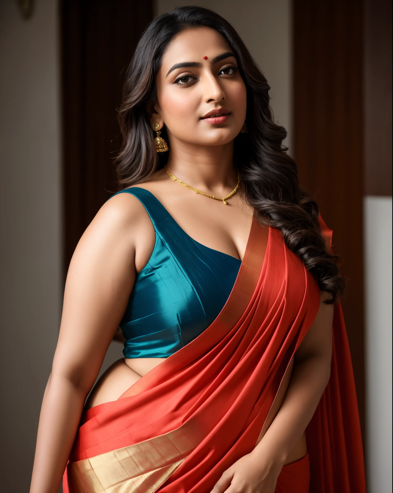 Foto RAW, photorealistic, photography, full body shot, master shot, perfect eyes, goddess like beauty, pierced eyes, perfect thick chubby mallu Desi aunty bhabhi, Wearing a Stanapatta, a chest-band.Saree model, model Photography, Indian saree shoot, Indian traditional wear advertising photography, traditional wear brand shoot, face of Indian actress Sonakshi Sinha, masterpiece, realistic, realism, incredible details, pleasure, photorealism, detailed skin, skin pores, high contrast, photorealistic Artstation 8k HD digital art trend of high definition and detailed realistic skin texture, ultra detail, realistic skin texture, armature, best quality, ultra high definition, (photorealistic:1.4),, high resolution, detail, raw photo, sweat, Re sharp, by Lee Jefferies Nikon D850 Film Stock Photo 4 Kodak Portra 400 Camera F1.6 Lens Rich Color Ultra Real Realistic Realistic Textures Dramatic Lighting Unreal Engine Trending at Art Station Cinestill 800,(pele altamente detalhada: 1.2), 8k UHD, DSLR, soft-lighting, alta qualidade, grain of film, Fujifilm XT3,she didn't like to wear blouse or bra, she is happy to wear only saree, she hates blouse or bra, detailed hairy armpits, hyper realistic skin, skin pores, sweat, veins,