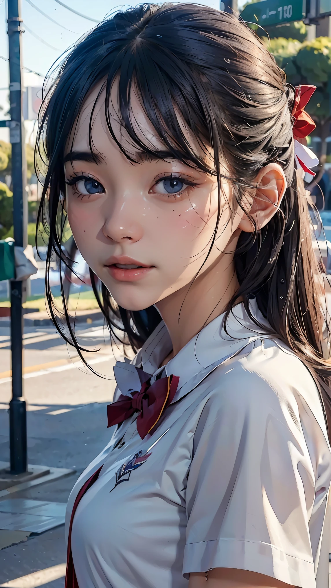 (hyperrealistic), (8K), (extremely detailed), (best illustration), (beautiful detailed eyes), (best quality), (ultra-detailed), (masterpiece), (wallpaper), (detailed face), solo, 1 girl, one-hour drawing challenge, wet sweat, (school uniform:1.3), looking at the audience, exquisite details, detailed faces, ,pureerosfaceace_ v1,