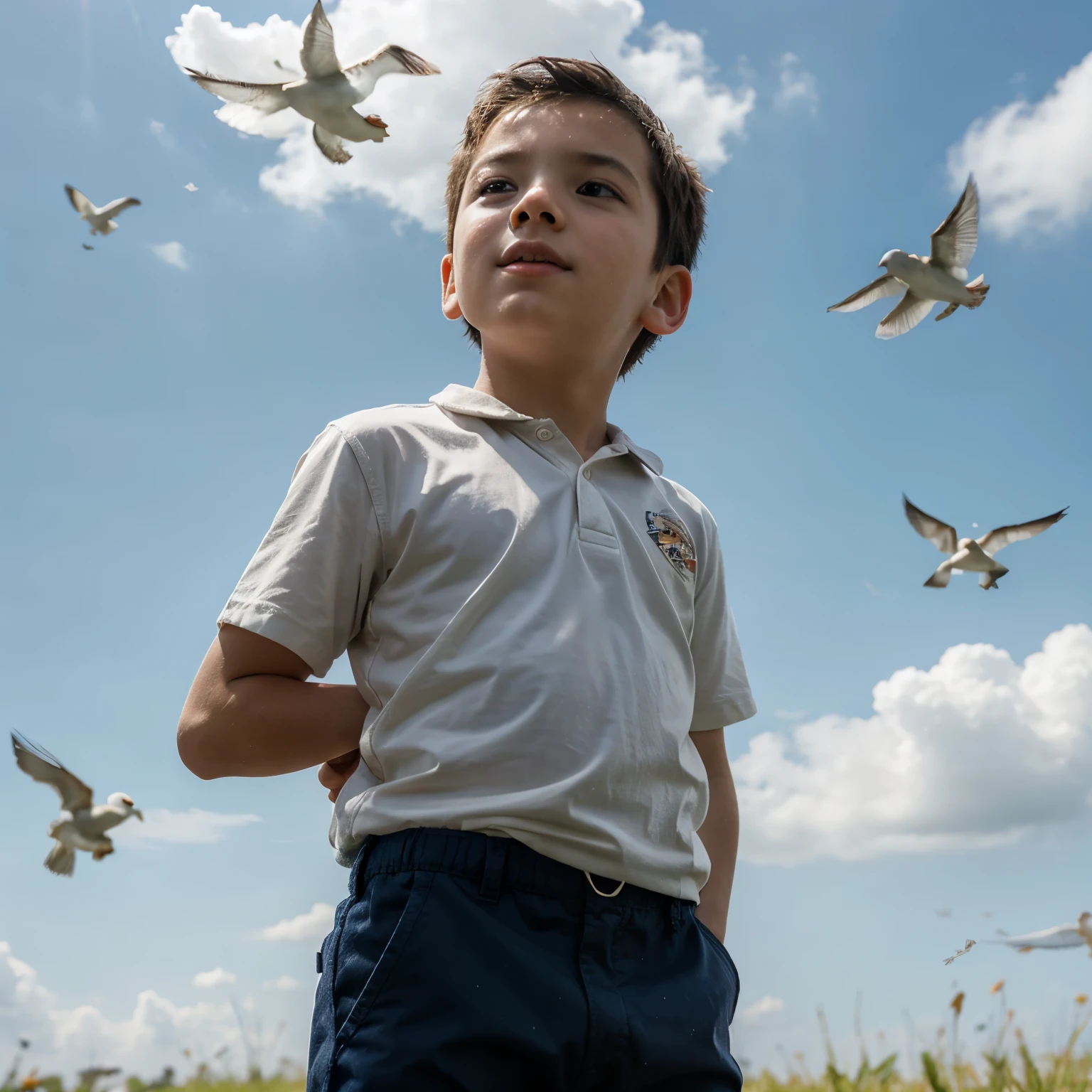 Boy watching birds in the sky