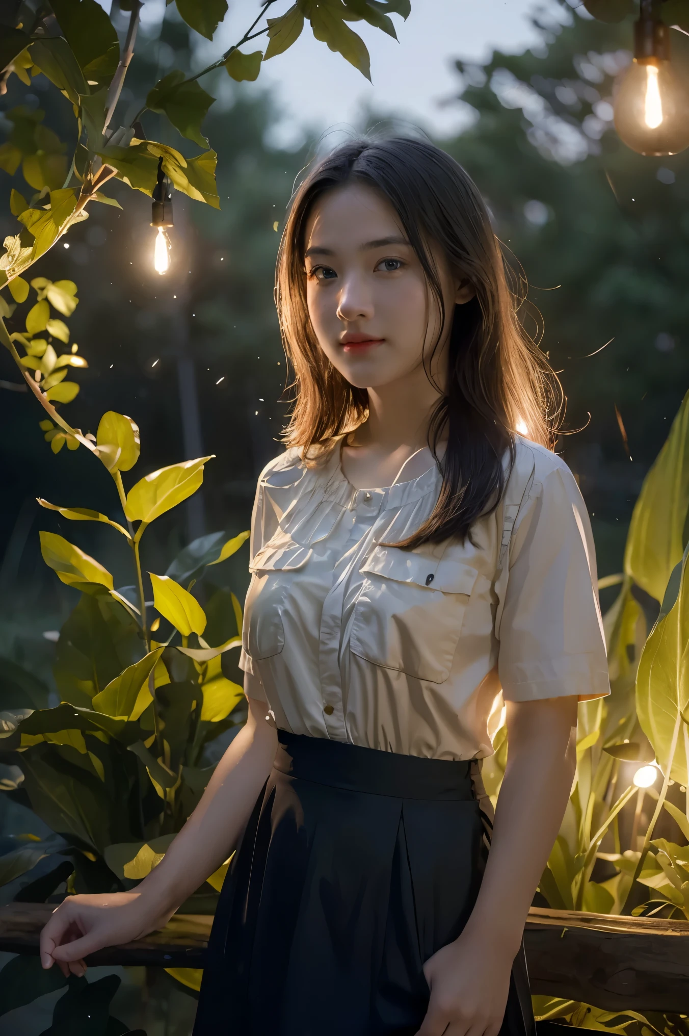 (8k, top quality, masterpiece: 1.2), (realistic, photorealistic: 1.37), super detail, one girl, wide angle of view, firefly garden, lots of small faint light and fireflies flying around, night