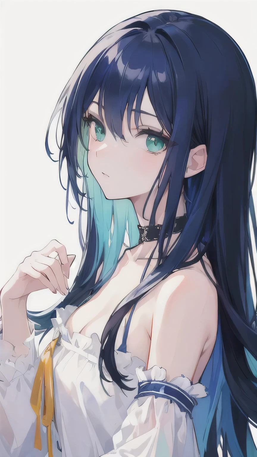 ((best quality)), ((masterpiece)), (detailed), highest quality, Beautiful, 1 girl, solo, slim, dark blue hair, long straight hair, green eyes, choker, looking at viewer, white background, full image, upper body, 