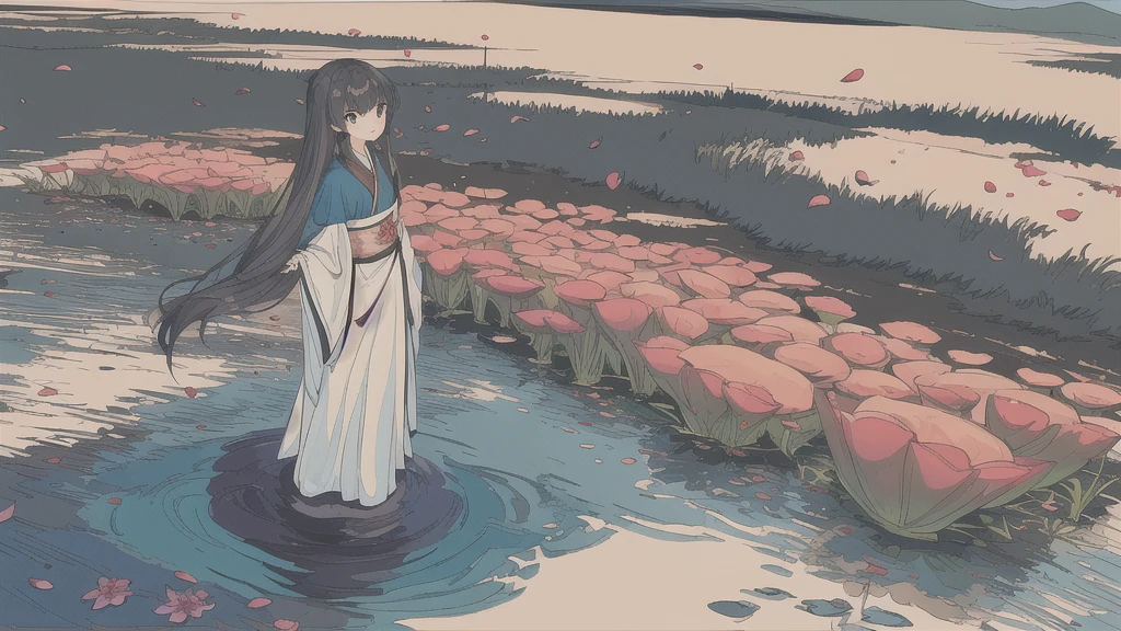 ((4k,masterpiece,best quality)), shuimobysim, traditional chinese ink painting, lotus, hanfu, maxiskit, dress conservatively
1girl, solo, long blue hair, smile, standing, feet in the water, barefoot,
cherry blossoms