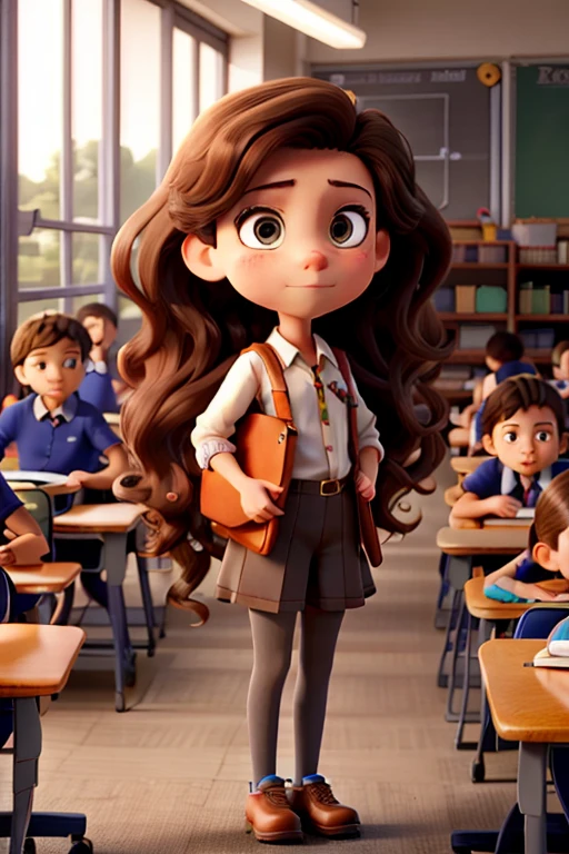 A young Caucasian girl with long, wavy brown hair, standing on her feet in her neat, well-organized school classroom, various students seated in desks, a serious face, no smile.