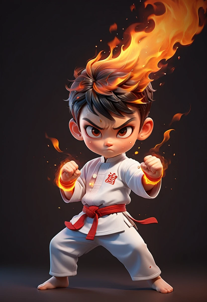 3D，Kung Fu boy，Flames coming out of the body，Cartoon Style