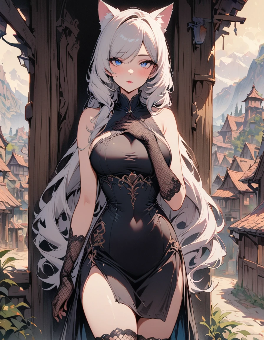 SFW, masterpiece, highres, 1 Girl, solo, standing, looking at the viewer, white long hair, cat ears, blue pupils, detailed eyes, detailed face, blushing, light pink lips, fishnet stockings, calm, intellectuals, three bangs, black fantasy short dress, lace gloves, village, mountains in the background