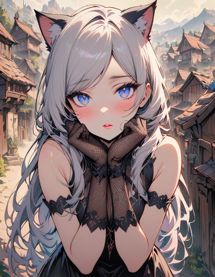 SFW, masterpiece, highres, 1 Girl, solo, standing, looking at the viewer, white long hair, cat ears, blue pupils, detailed eyes, detailed face, blushing, light pink lips, fishnet stockings, calm, intellectuals, three bangs, black fantasy short dress, lace gloves, village, mountains in the background