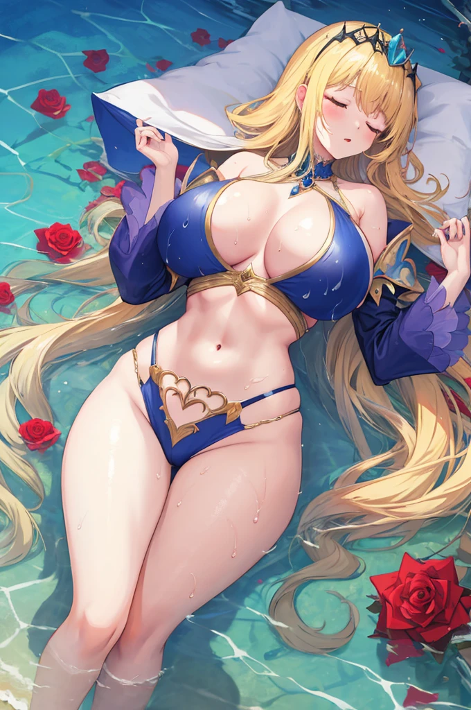 masterpiece，8k，Fairy tale style，Rose Princess，sleeping Beauty，A woman with big ，(Gorgeous woman)，ahegao，Long blond hair，Showing belly，Slim waist，Lying in the sea，Wet clothes，