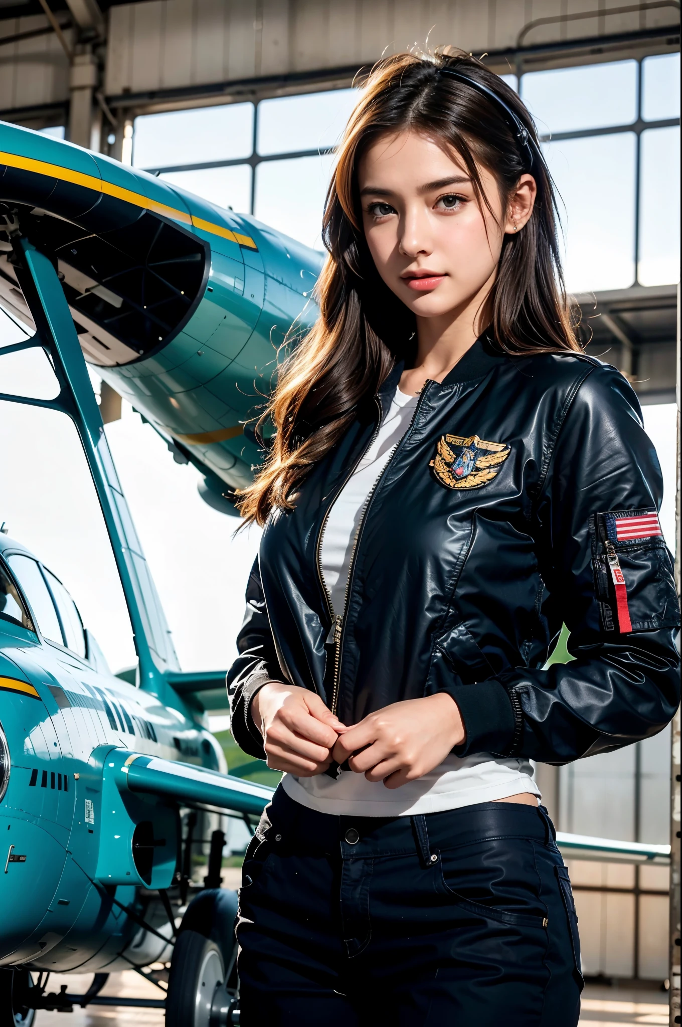 Best quality, ((insanely Realistic RAW photo)), professional photograph, intricate composition, an extremely delicate and beautiful, ultra high res, professional lighting and shading, ((Realistic image of a extremely pretty female Aircraft mechanic, solo)), Inside a spacious Aircraft hangar, Vintage airplanes of the World War II era line the background, (Wearing a MA-1 Flight Jacket), (Wearing a headset), (wearing short pants), faint smile, She does aircraft maintenance, very professional mechanic, ((extremely beautifully detailed eyes and face)), ((insanely beautiful natural skin texture)), (Accurate eyes), Accurate hands, Well-balanced overall body