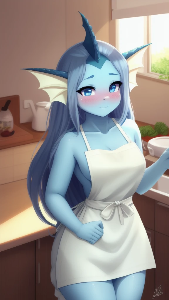 vaporeon,long haired,Bust 87,Waist 57,Thigh 86,Good resolution,kitchen,Put on an apron,Good light and shadow details,shade,sexy body,blushing
