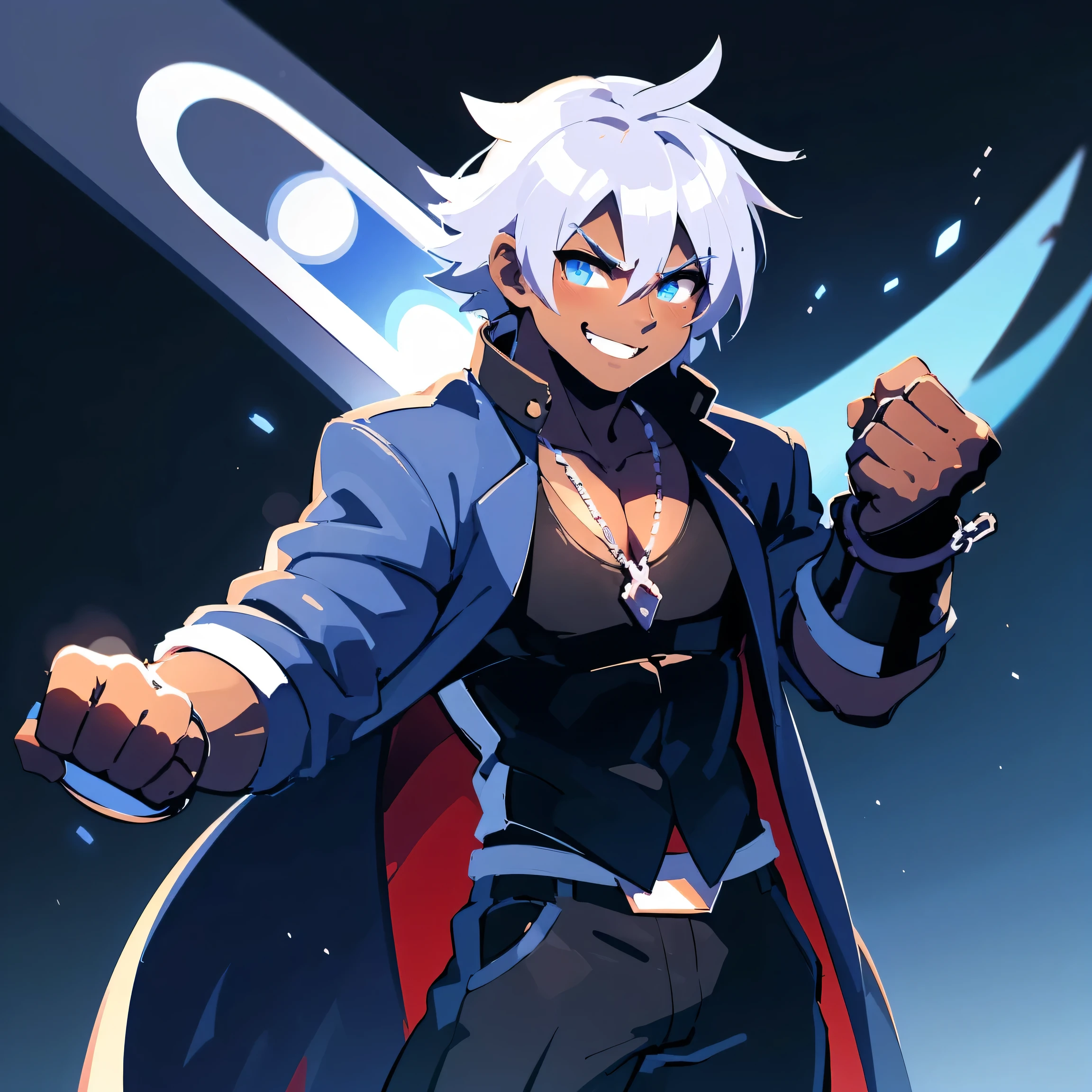 A Dark skinned young anime man, side swept silver hair, fiery light blue eyes, producing blue fire out of his fist, wearing a blue combat trench coat over a black tank top with black slacks and a chain on the hip, steel necklace with a blue dragon pendant around his neck, with sleeves rolled up to his elbows and a cocky smile