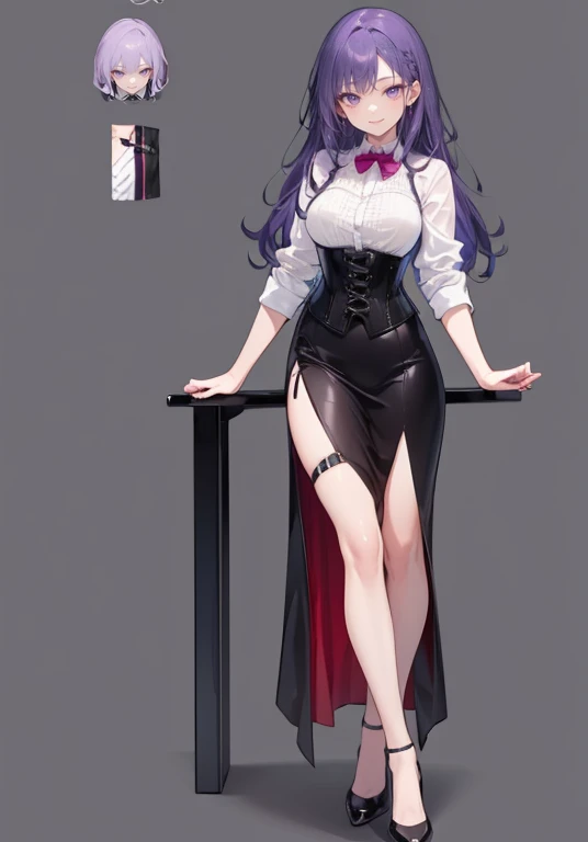Purple hair,long hair,Adult female,Bartender,((Body harness)),((Rolling up your sleeves shirt)),(Corset),(Long skirt),(slit),High heels,((Simple background)),Smile,((Full body)),((whole body)),Character Sheet,