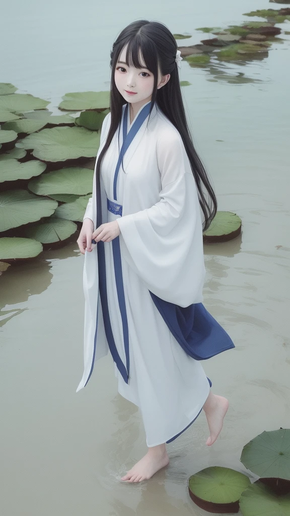 ((4k,masterpiece,best quality)), shuimobysim, traditional chinese ink painting, lotus,  hanfu, maxiskit, dress conservatively
1girl, solo, long blue hair, smile, standing, feet in the water, barefoot,
 