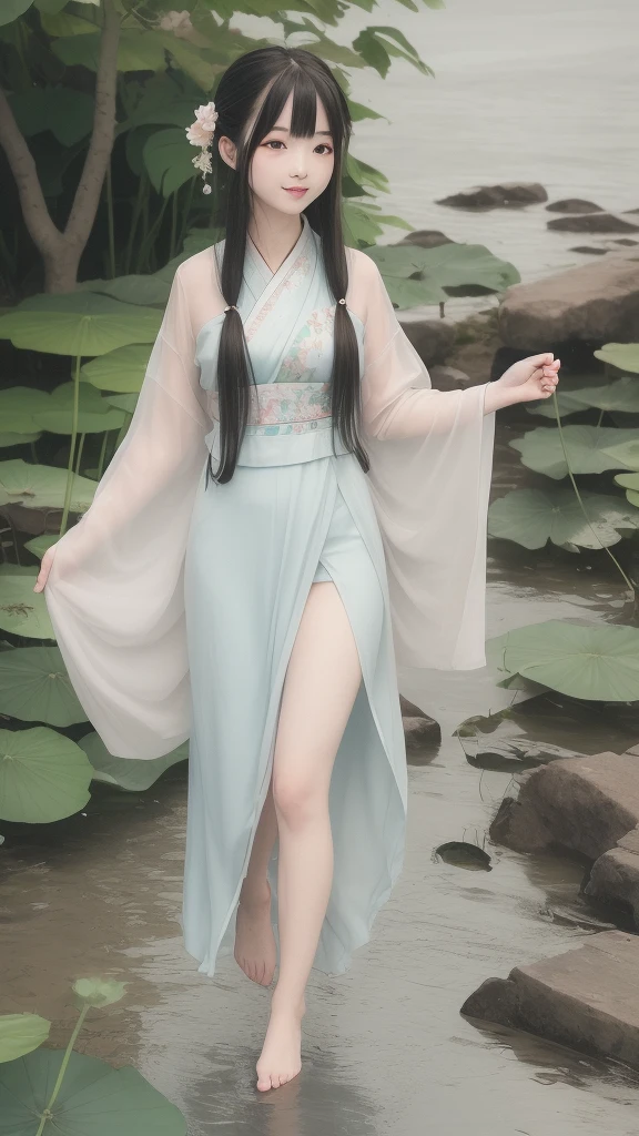 ((4k,masterpiece,best quality)), shuimobysim, traditional chinese ink painting, lotus, hanfu, maxiskit, dress conservatively
1girl, solo, long blue hair, smile, standing, feet in the water, barefoot,
