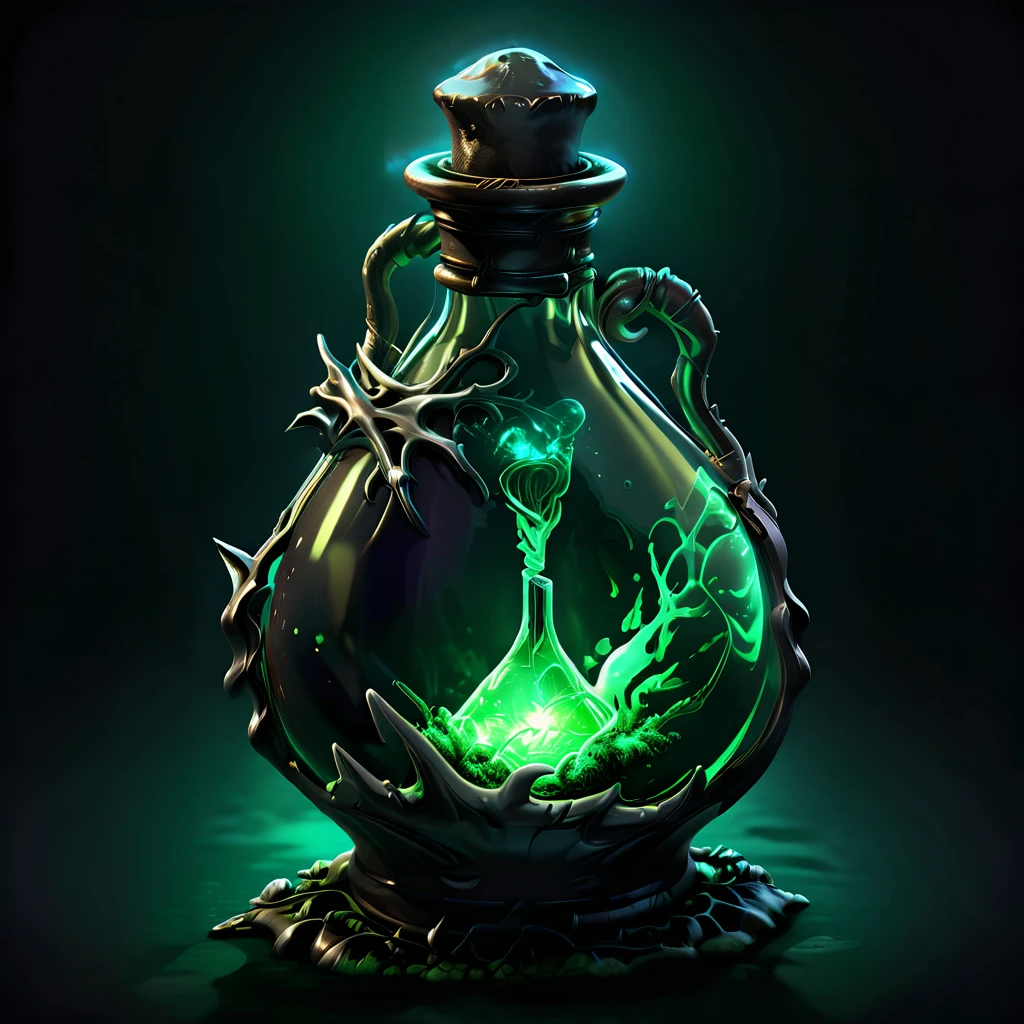 A potion with a skeleton inside, poison, Green light luminous liquid, 4k, Practical, photo, black background, Simple background, Game Icon