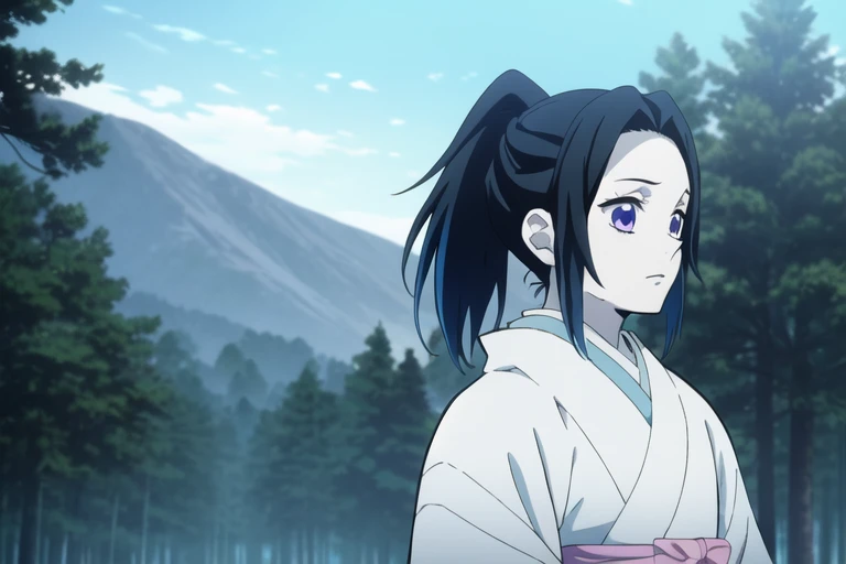 (masterpiece:1.3), (best quality:1.3), official art, super detailed, (solo), high detail, Soft Lighting, 16K, high Resolution, high detail skin, perfect skin, RAM Photo, Real Photo, creamy pale skin, (sky blue gradient kimono with white patterns), (1boy), extremely detailed CG unity 8k wallpaper, ultra detailed, (short hair), (hime cut hair),(short ponytail), (two colored hair, black hair, sky-blue hair), (sky-blue hair streaks), young-adult, looking directly at viewer, demon slayer rui fanart, (anime screencap), (fake anime screenshot), (sharp focus), (snow forest background)