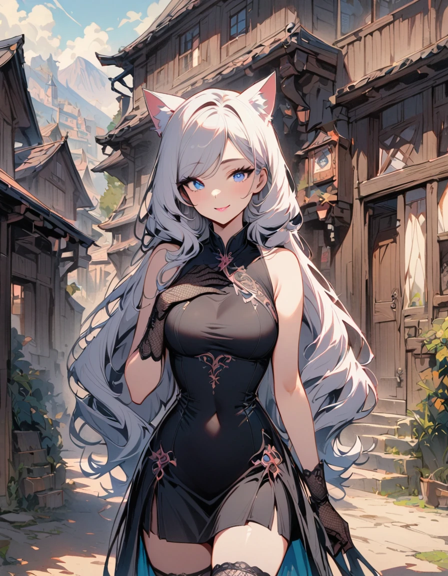 SFW, masterpiece, highres, 1 Girl, solo, standing, looking at the viewer, white long hair, cat ears, blue pupils, detailed eyes, detailed face, smiling, light pink lips, fishnet stockings, calm, intellectuals, three bangs, black short dress, lace gloves, village, mountains in the background