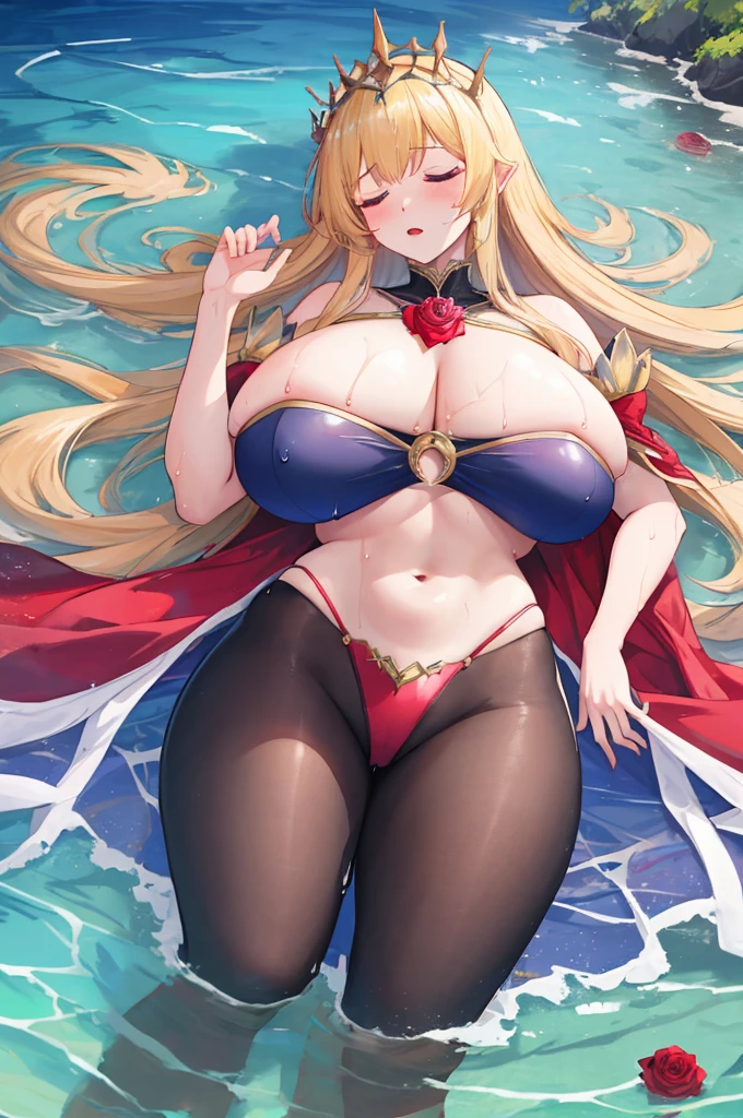 masterpiece,8k,Fairy tale style,Rose Princess,sleeping Beauty,A woman with big ,(Gorgeous woman),ahegao,Long blond hair,Showing belly,slim,Lying in the sea,Wet clothes,