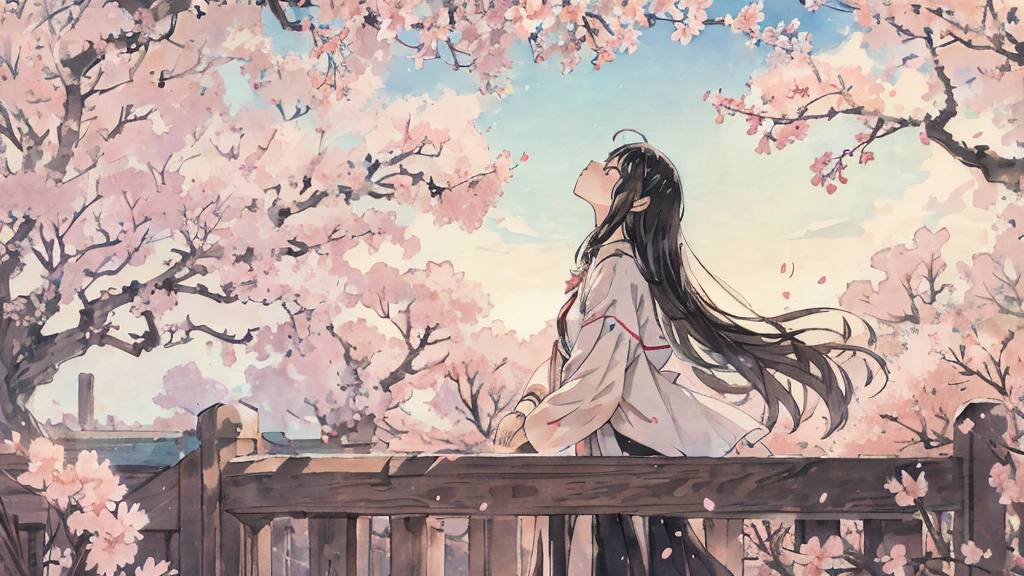 highest quality, masterpiece, very detailed, detailed background, anime, girl1, Young girl, girl, SF, cherry blossoms, outdoor, morning, greenhouse, giant structure, Wind view, scenery, horizon, look up at the sky, Wind, avert your eyes, atmosphere lighting, focus only, close, From the side, Depth of written boundary,black hair,detailed face