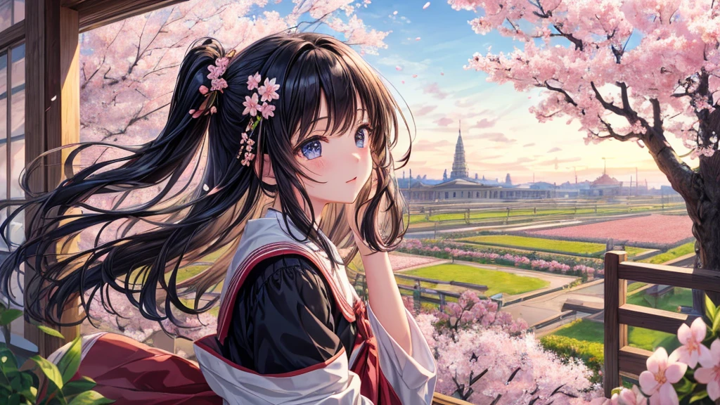 highest quality, masterpiece, very detailed, detailed background, anime, girl1, Young girl, girl, SF, cherry blossoms, outdoor, morning, greenhouse, giant structure, Wind view, scenery, horizon, look up at the sky, Wind, avert your eyes, atmosphere lighting, focus only, close, From the side, Depth of written boundary,black hair,detailed face