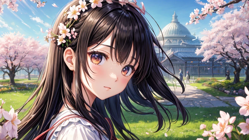 highest quality, masterpiece, very detailed, detailed background, anime, girl1, Young girl, girl, SF, cherry blossoms, outdoor, morning, greenhouse, giant structure, Wind view, scenery, horizon, look up at the sky, Wind, avert your eyes, atmosphere lighting, focus only, close, From the side, Depth of written boundary,black hair,detailed face