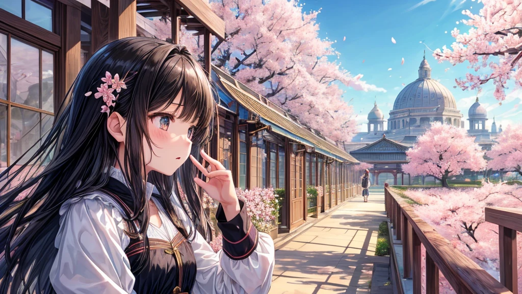 highest quality, masterpiece, very detailed, detailed background, anime, girl1, Young girl, girl, SF, cherry blossoms, outdoor, morning, greenhouse, giant structure, Wind view, scenery, horizon, look up at the sky, Wind, avert your eyes, atmosphere lighting, focus only, close, From the side, Depth of written boundary,black hair,detailed face