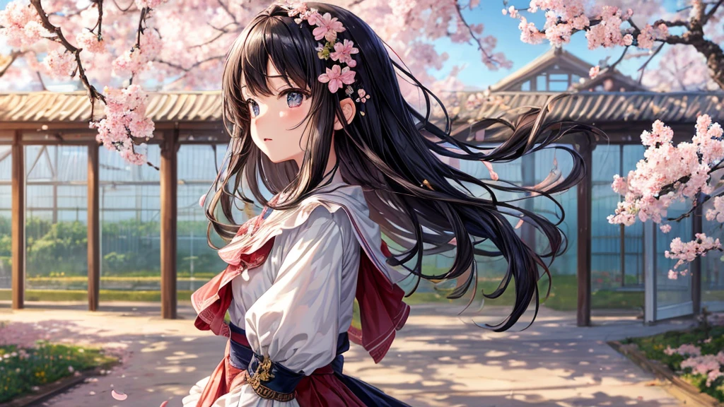 highest quality, masterpiece, very detailed, detailed background, anime, girl1, Young girl, girl, SF, cherry blossoms, outdoor, morning, greenhouse, giant structure, Wind view, scenery, horizon, look up at the sky, Wind, avert your eyes, atmosphere lighting, focus only, close, From the side, Depth of written boundary,black hair,detailed face
