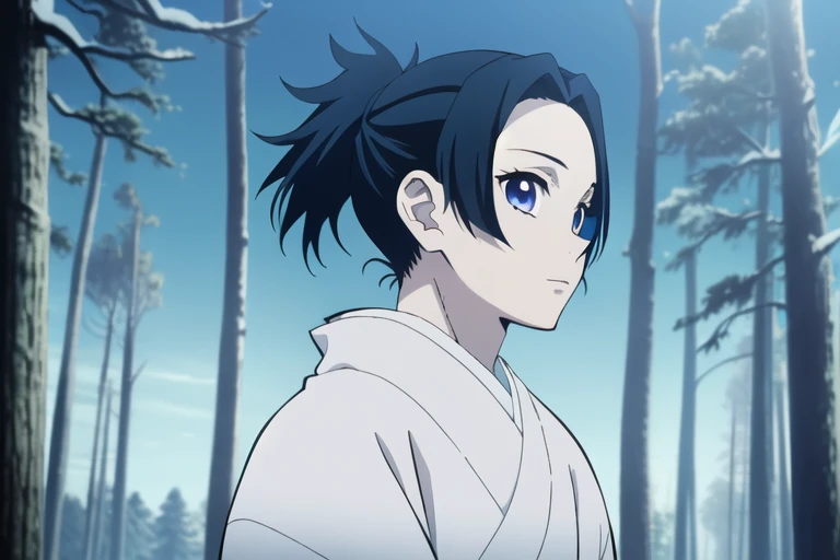 (masterpiece:1.3), (best quality:1.3), official art, super detailed, (solo), high detail, Soft Lighting, 16K, high Resolution, high detail skin, perfect skin, RAM Photo, Real Photo, creamy pale skin, (sky blue gradient kimono with patterns), 8kwallpaper, (short hair), (hime cut hair),(short ponytail), (two colored hair, black hair, sky-blue hair), (sky-blue hair streaks), young-adult, looking at viewer, demon slayer rui fanart, (anime screencap), (fake anime screenshot), (sharp focus), (snow forest background)