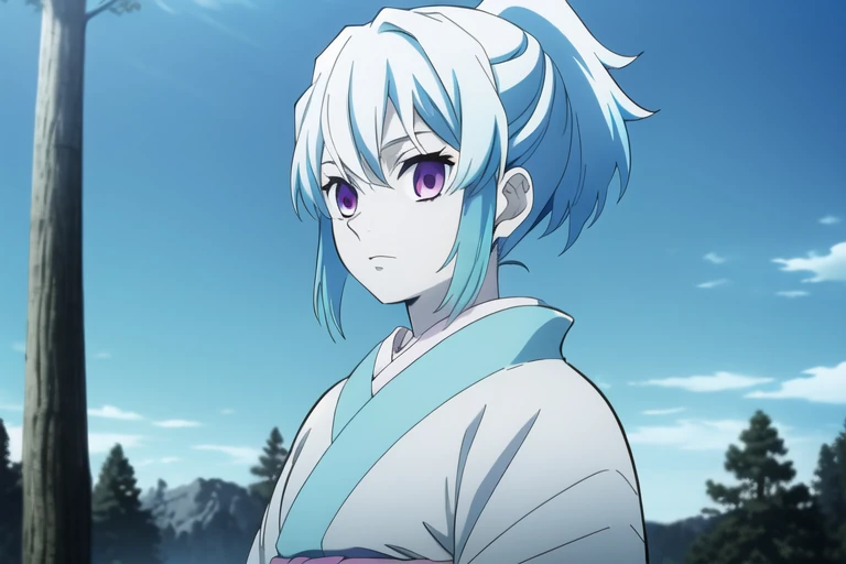 (masterpiece:1.3), (best quality:1.3), official art, super detailed, (solo), high detail, Soft Lighting, 16K, high Resolution, high detail skin, perfect skin, RAM Photo, Real Photo, creamy pale skin, (sky blue gradient kimono with patterns), 8kwallpaper, (short hair), (hime cut hair),(short ponytail), (two colored hair, black hair, sky-blue hair), (sky-blue hair streaks), young-adult, looking at viewer, demon slayer rui fanart, (anime screencap), (fake anime screenshot), (sharp focus), (snow forest background)
