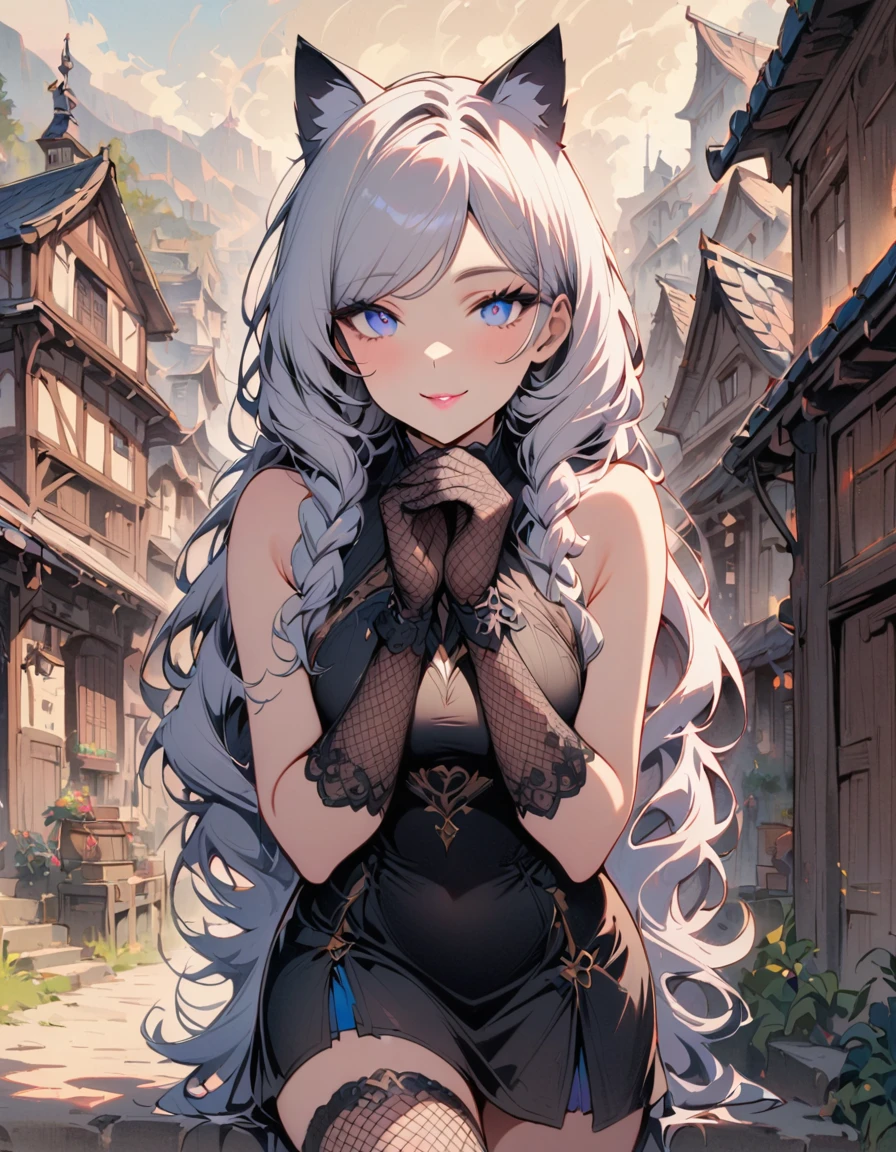 SFW, masterpiece, highres, 1 Girl, solo, standing, looking at the viewer, white long hair, cat ears, blue pupils, detailed eyes, detailed face, smiling, light pink lips, fishnet stockings, calm, intellectuals, three bangs, black short dress, lace gloves, village, mountains in the background
