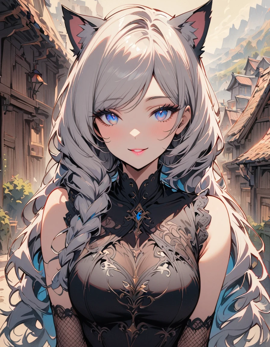 SFW, masterpiece, highres, 1 Girl, solo, standing, looking at the viewer, white long hair, cat ears, blue pupils, detailed eyes, detailed face, smiling, light pink lips, fishnet stockings, calm, intellectuals, three bangs, black short dress, lace gloves, village, mountains in the background