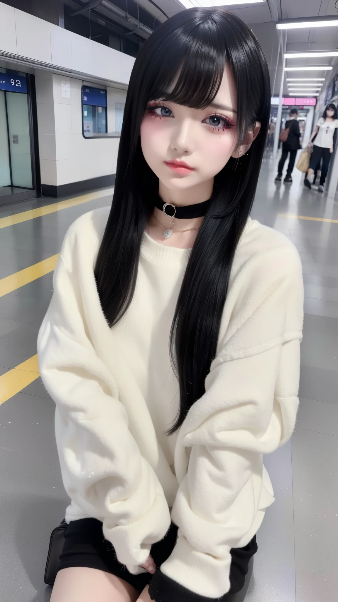 highest quality、8k、32k、masterpiece、Hmph:1.2)、One Girl、Long Hair Girl、Beautiful Japanese Woman、High Knee Socks、Black-haired、Heavy bangs、Long sleeve shirt、Hair length、Fluffy white sweater、Accentuate your breasts、D Cup,choker、(Mega Big Tits), (jirai makeup, jirai girl, Glitter eye makeup)、Subway platform、From feet to head、