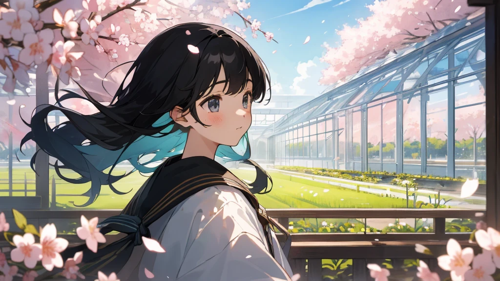 highest quality, masterpiece, very detailed, detailed background, anime, girl1, Young girl, girl, SF, cherry blossoms, outdoor, morning, greenhouse, giant structure, Wind view, scenery, horizon, look up at the sky, Wind, avert your eyes, atmosphere lighting, focus only, close, From the side, Depth of written boundary,black hair,detailed face