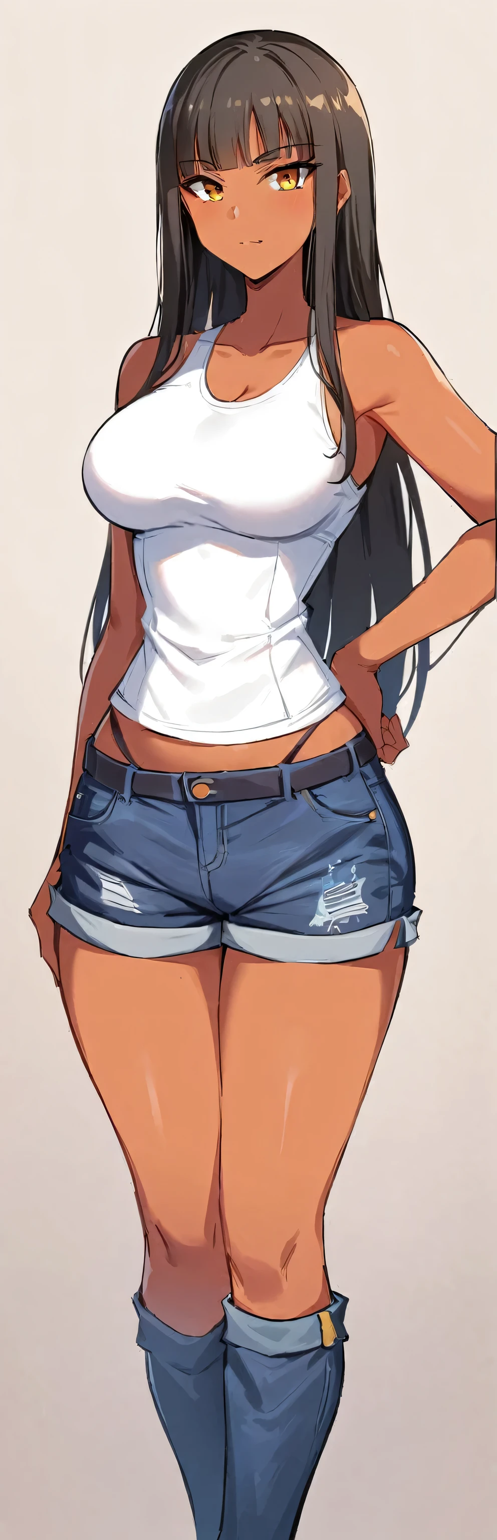 (Obra de arte, melhor qualidade:1.2), 1 garota, Sozinho,standing_dividir, 
cabelo longo, Regata branca sem mangas，shorts jeans azuis