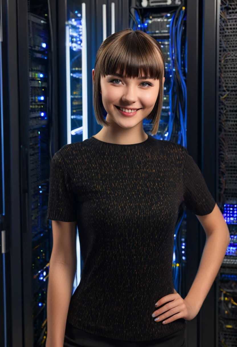 (whole body:1) young girl, elegant casual, Hacker's server room, detailed face, ((cool facial expression)), (straight short hair with thin bangs:1.2), ultra detailed photograph, (Photorealistic), (complex parts:1),(masterpiece :1), (Best quality:1), ultra high resolution, (Detailed eyes), (detailed facial features), HDR, Resolution 8K, (lens flare:0.5), the world far behind, (smile, joy)